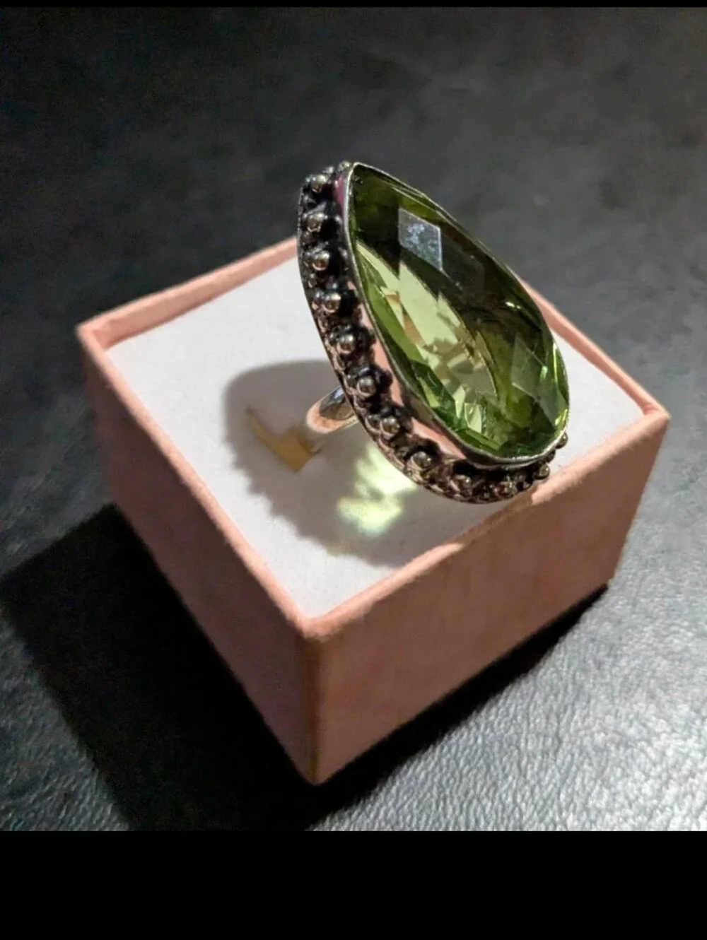 Handcrafted Green Amethyst Oversized Faceted Teardrop Ring  (7)
